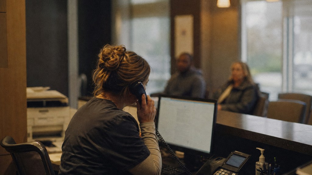 A clinic receptionist taking a phone call at a busy front desk with patients waiting, photographed in Virginia Beach