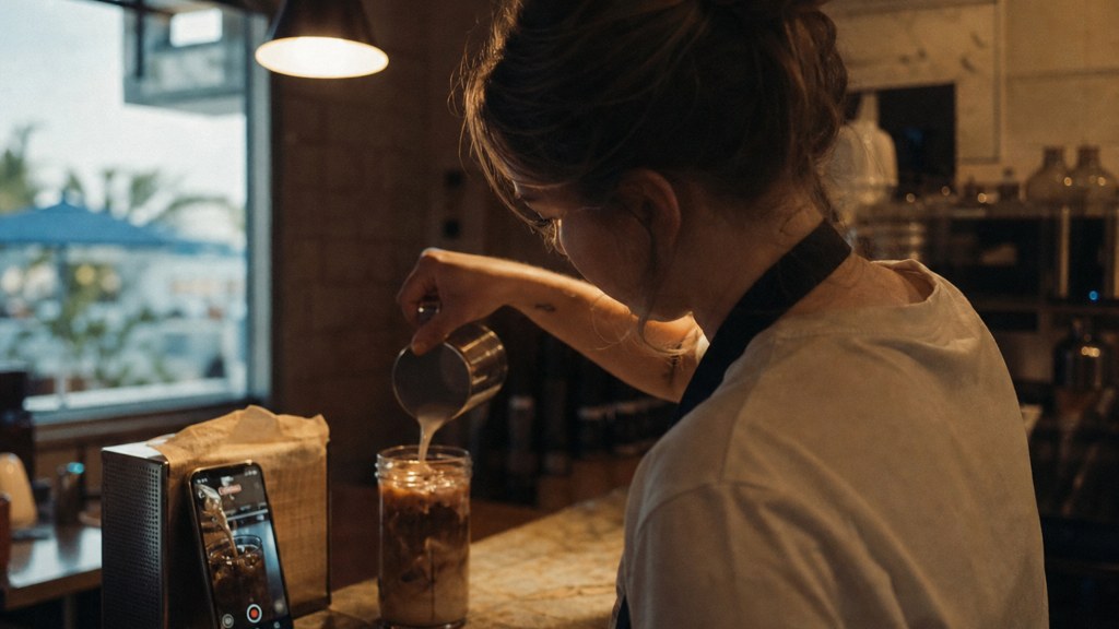A young cafe worker filming a drink being poured on a phone propped against a napkin holder, photographed in Virginia Beach