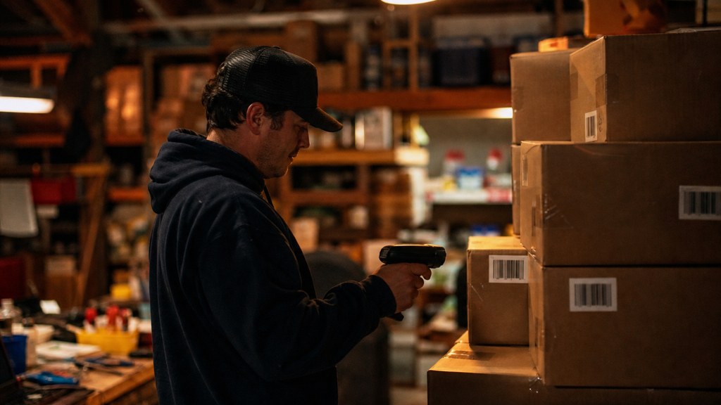 A seller checking barcodes on stacked cartons in a garage stockroom, photographed in Virginia Beach