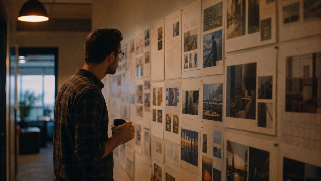 A media planner standing at a wall of printed layouts in a narrow agency corridor, photographed in Virginia Beach