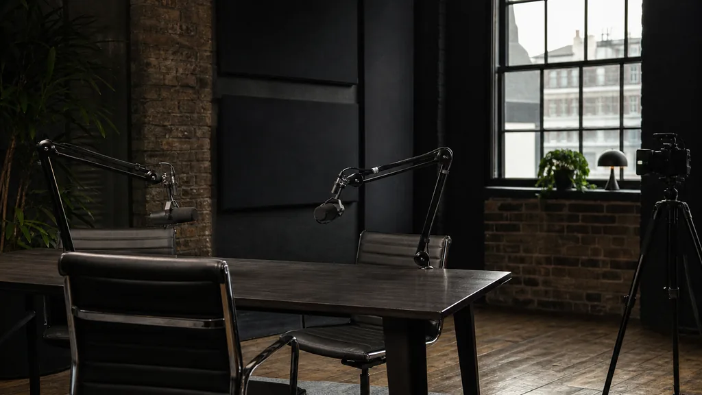 Editorial photograph of an empty podcast studio in a converted central London warehouse with two microphones on boom arms, a camera on a tripod and dark acoustic panels, lit by soft grey daylight through a tall window