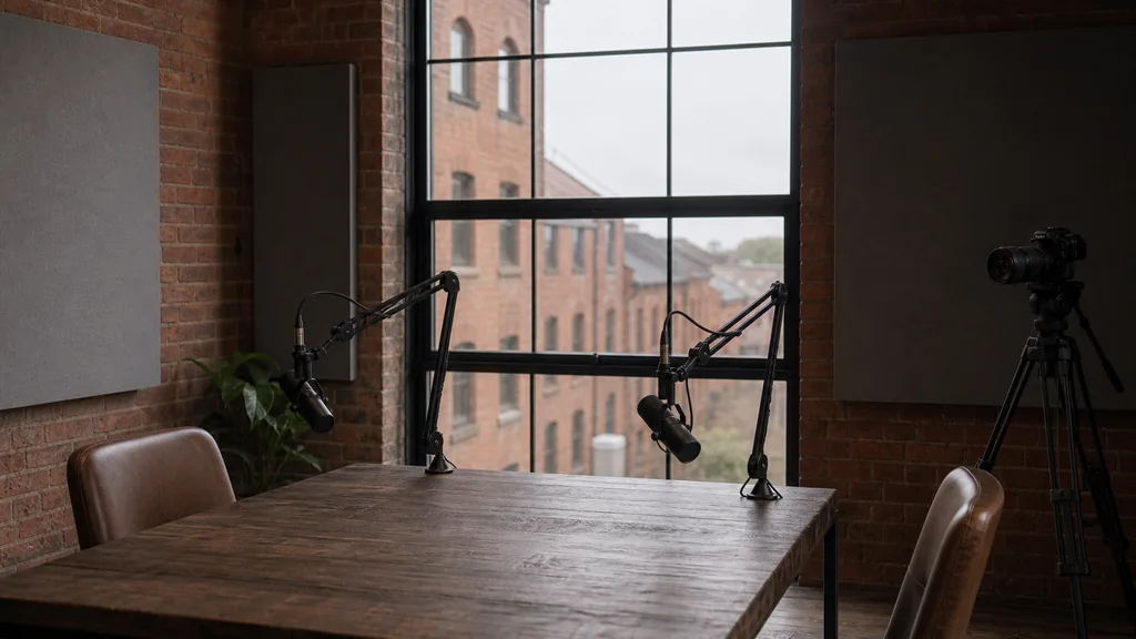 Editorial photograph of an empty podcast studio in a red-brick northern English mill conversion with two microphones on boom arms, a camera on a tripod and acoustic panels, lit by soft overcast daylight through a large steel-framed window