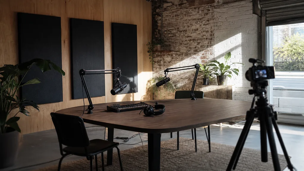 Editorial photograph of an empty podcast studio in a converted inner-Melbourne warehouse with two microphones on boom arms, a camera on a tripod and plywood and acoustic panelling, lit by bright afternoon light