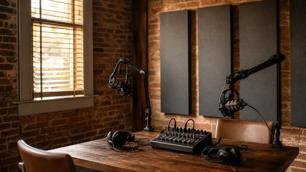 Editorial photograph of an empty podcast recording room in a converted Southern brick building with two microphones on boom arms, a small mixer on a wooden table and acoustic panels, lit by warm late afternoon light