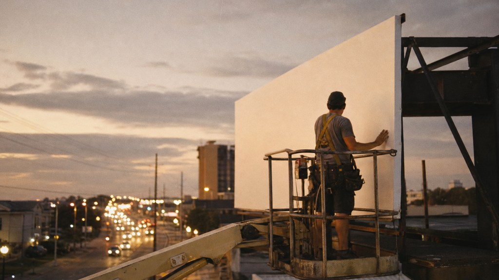 A crew member on a lift installing a blank billboard panel above a busy street, photographed in Virginia Beach