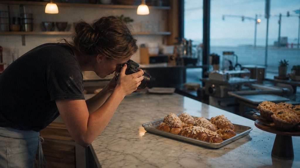 A bakery owner photographing a tray of pastries on a marble counter at dawn, photographed in Virginia Beach