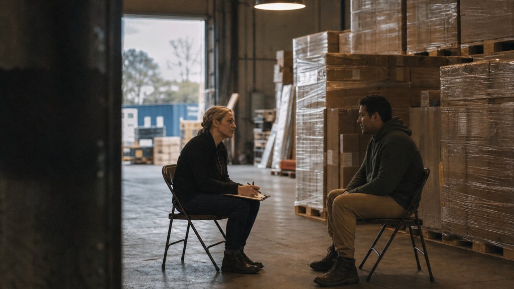 A warehouse supervisor interviewing a candidate on folding chairs beside stacked pallets, photographed in Virginia Beach