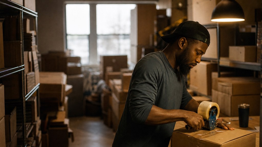 A warehouse worker taping shipping boxes under strip lighting in a small fulfilment room, photographed in Virginia Beach