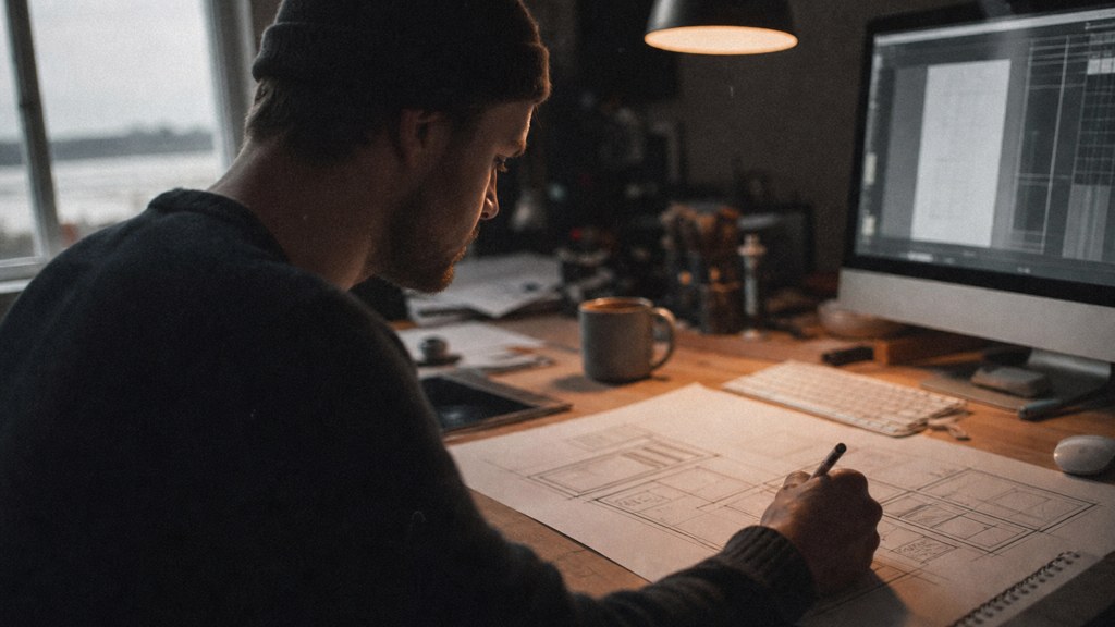 A studio designer sketching a page layout on paper beside a monitor in a dim room, photographed in Virginia Beach