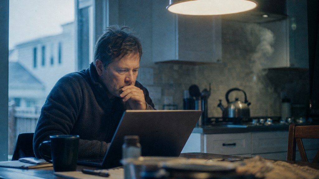 A service-business owner at a kitchen table typing a question into a laptop while a kettle steams behind, photographed in Virginia Beach