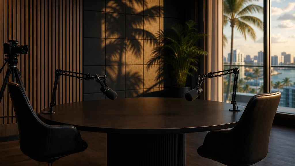 Editorial photograph of an empty podcast studio in a Miami high-rise with two microphones on boom arms, a camera on a tripod and dark acoustic panels, lit by warm subtropical afternoon light through a floor-to-ceiling window
