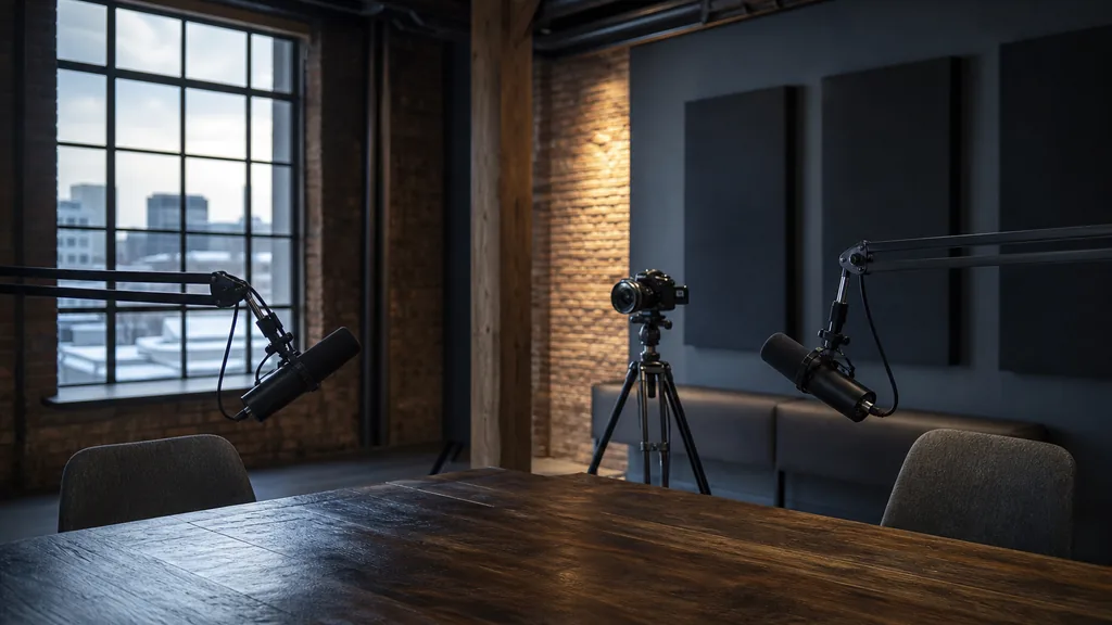 Editorial photograph of an empty podcast studio in a converted Minneapolis warehouse loft with two microphones on boom arms, a camera on a tripod and dark acoustic panels, lit by cool northern daylight through a tall industrial window