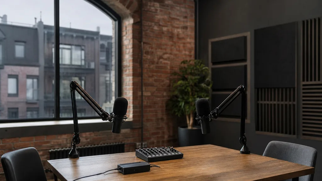 Editorial photograph of an empty podcast studio in a Montreal Plateau brick loft with two microphones on boom arms, a small mixer on a wooden table and dark acoustic panelling, lit by soft grey Quebec daylight through an arched window