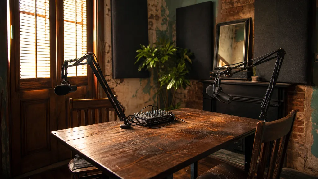 Editorial photograph of an empty podcast recording room in a converted New Orleans building with two microphones on boom arms, a small mixer on a worn wooden table and acoustic panels, lit by warm late afternoon light through wooden shutters