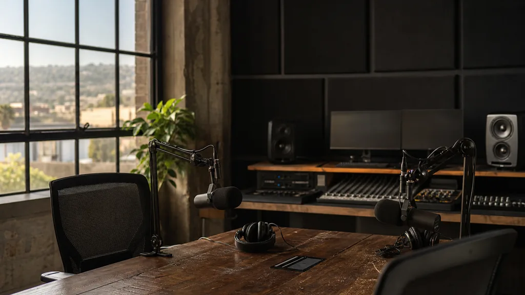 Editorial photograph of an empty podcast and mixing studio in a West Oakland industrial conversion with two microphones on boom arms, a mixing desk and studio monitors, lit by soft Bay Area morning light through a steel-framed warehouse window