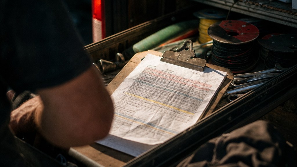 Printed cost-per-lead sheet clipped to a clipboard on an open van tool drawer