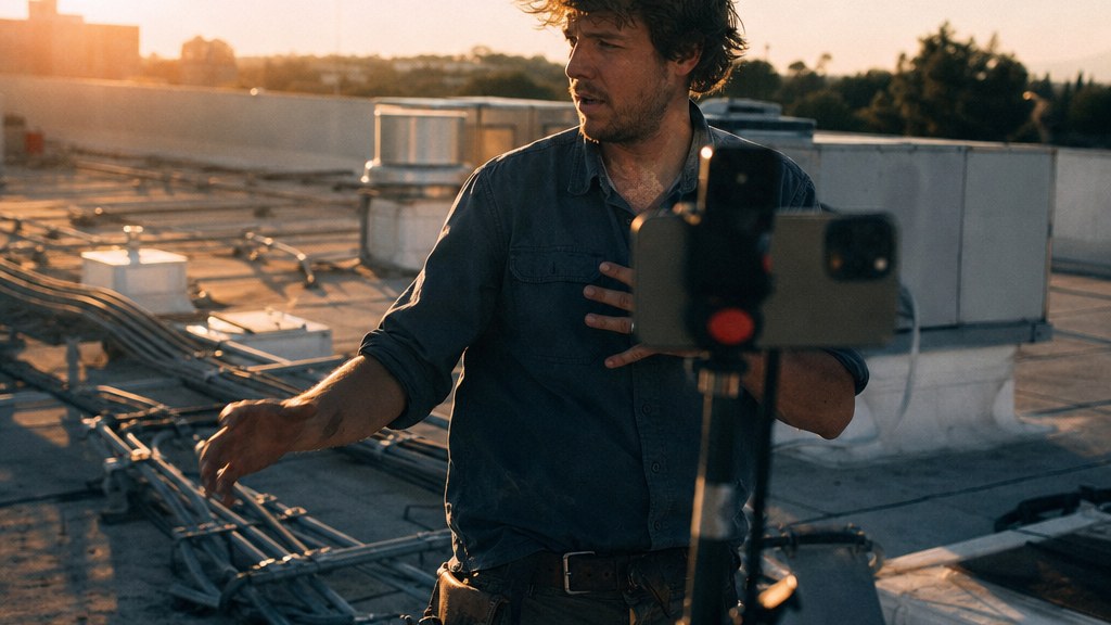 Electrician filming himself on a phone tripod on a commercial rooftop at golden hour