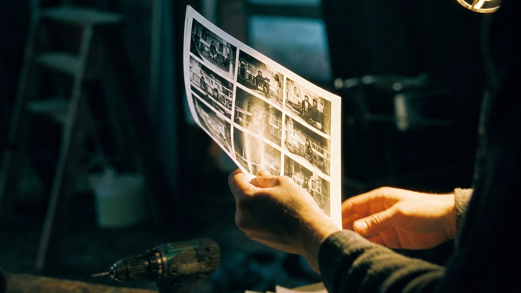 Printed video thumbnail frames spread across a workbench beside a cordless drill