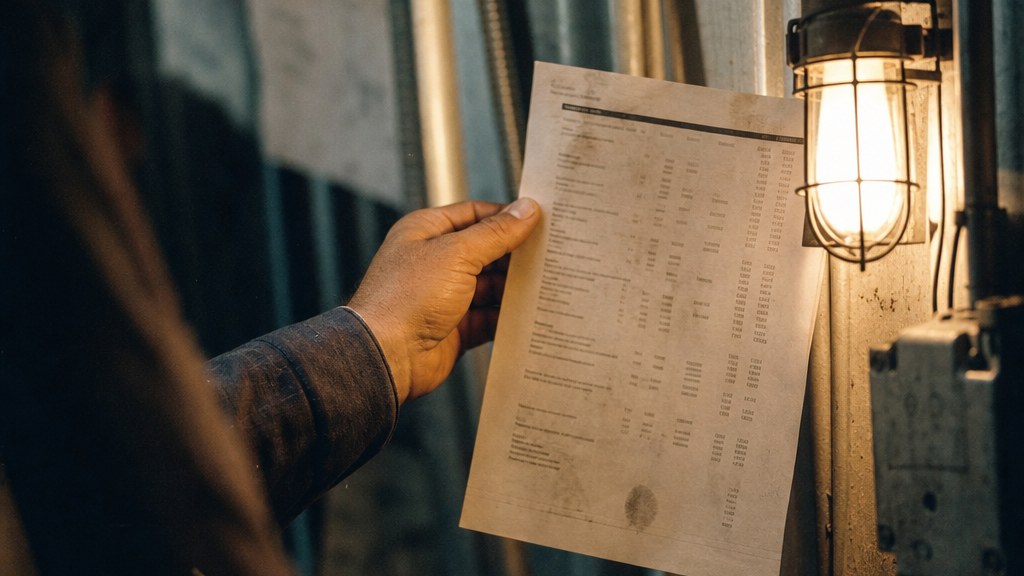 Printed page of advertiser counts held against a conduit wall under hard light