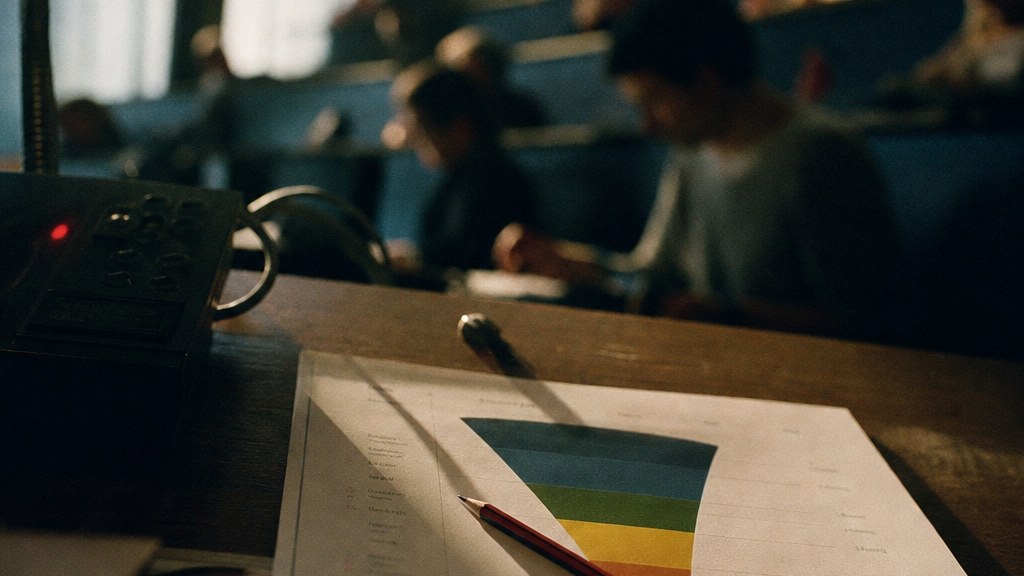 Printed enrollment funnel report on a lecture-hall desk with a pencil across it