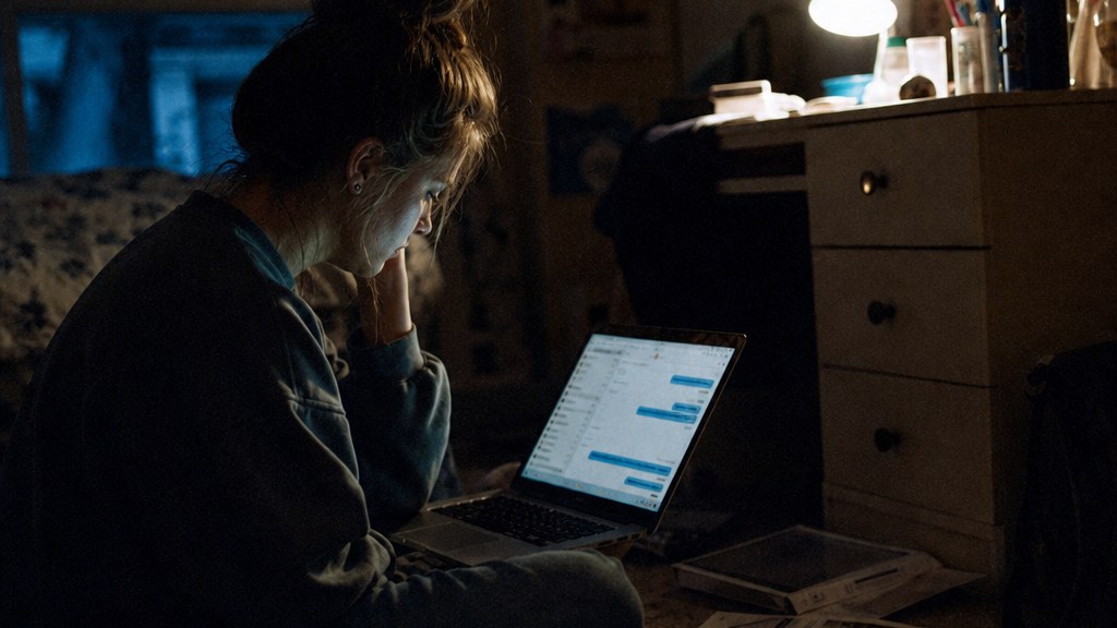 High-school student researching colleges on a laptop on her bedroom floor at midnight