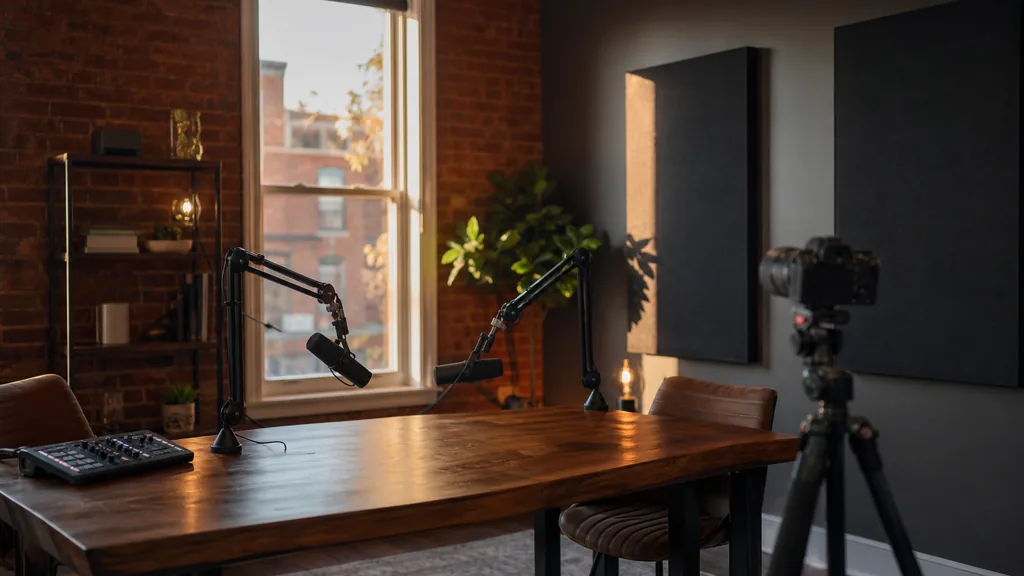 Editorial photograph of an empty podcast studio in a converted Philadelphia rowhouse with two microphones on boom arms, a camera on a tripod, dark acoustic panels and exposed red brick, lit by warm late afternoon light through a tall sash window