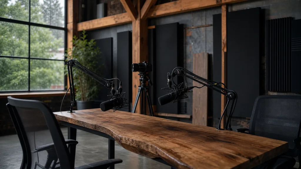 Editorial photograph of an empty podcast studio in a Portland timber-framed warehouse with two microphones on boom arms, a camera on a tripod, dark acoustic panels and reclaimed wood, lit by soft grey rainy daylight through a steel-framed window