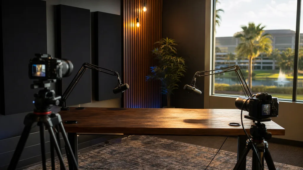 Editorial photograph of an empty podcast and video studio in an Orlando business park suite with two microphones on boom arms, two cameras on tripods, dark acoustic panels and a styled set wall, lit by warm golden Florida evening light