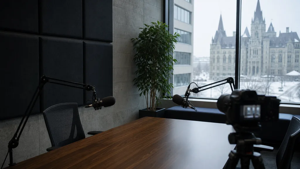 Editorial photograph of an empty podcast studio in a downtown Ottawa office building with two microphones on boom arms, a camera on a tripod, dark acoustic panels and a limestone grey wall, lit by cold pale winter daylight through a large window