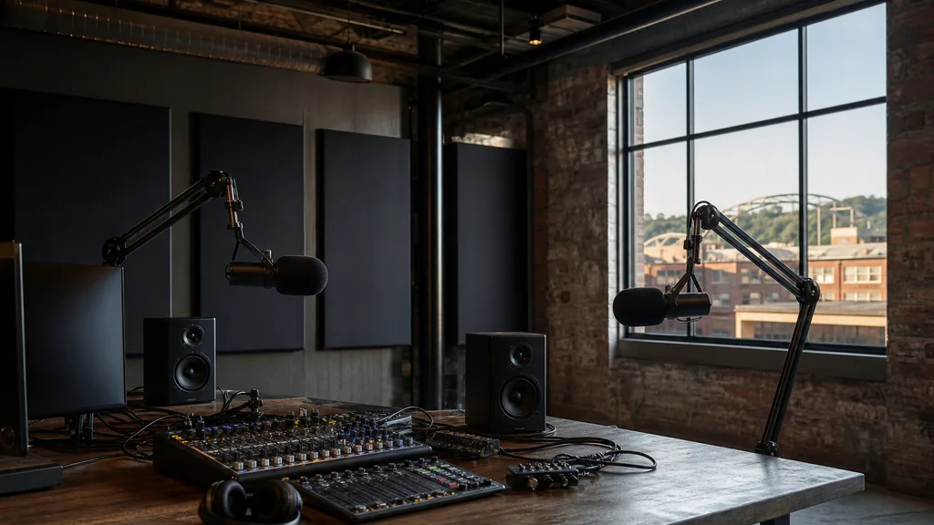 Editorial photograph of an empty podcast and broadcast studio in a Pittsburgh Strip District warehouse conversion with two microphones on boom arms, a mixing desk and studio monitors, dark acoustic panels and exposed steel beams, lit by soft morning light through an industrial window