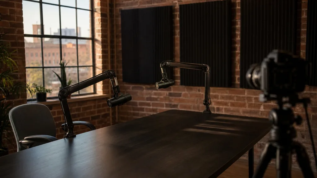 Editorial photograph of an empty podcast studio in a converted Omaha brick warehouse with two microphones on boom arms, a camera on a tripod and dark acoustic panels, lit by warm late-afternoon prairie light through a tall industrial window