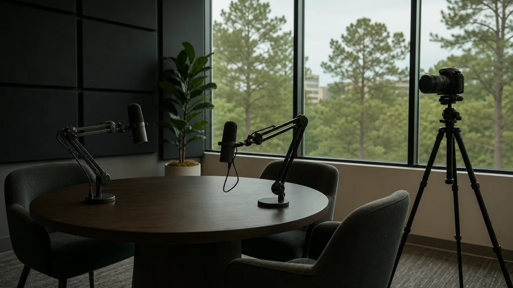 Editorial photograph of an empty podcast studio in a modern Raleigh office building with two microphones on boom arms, a camera on a tripod and dark acoustic panels, lit by soft southern daylight through a wide window with pine trees outside