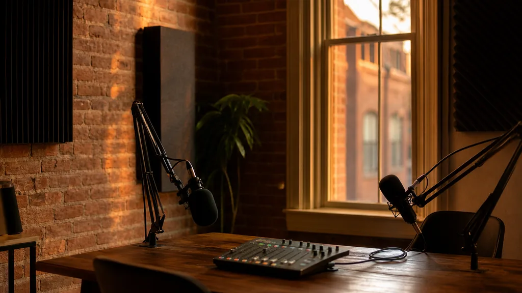 Editorial photograph of an empty podcast recording room in a historic Richmond Virginia brick building with two microphones on boom arms, a small mixer on a wooden table and acoustic panels, lit by warm copper evening light through a tall sash window