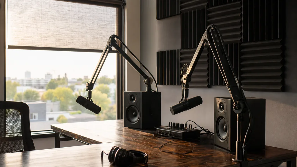Editorial photograph of an empty podcast studio in a Sacramento midtown building with two microphones on boom arms, studio monitors on a desk and dark acoustic foam panels, lit by pale golden California valley light through a shaded window