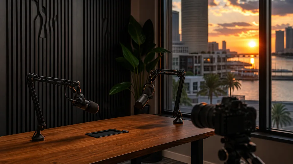 Editorial photograph of an empty podcast studio in a Tampa creative office with two microphones on boom arms, a camera on a tripod and dark acoustic panels, lit by warm gulf-coast sunset light through a large window