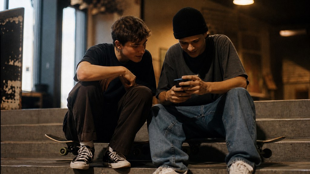 Two teenagers on skateboards looking at a phone on a set of concrete steps, photographed in Wichita