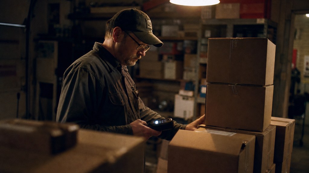 A seller checking barcodes on stacked cartons in a garage stockroom, photographed in Wichita