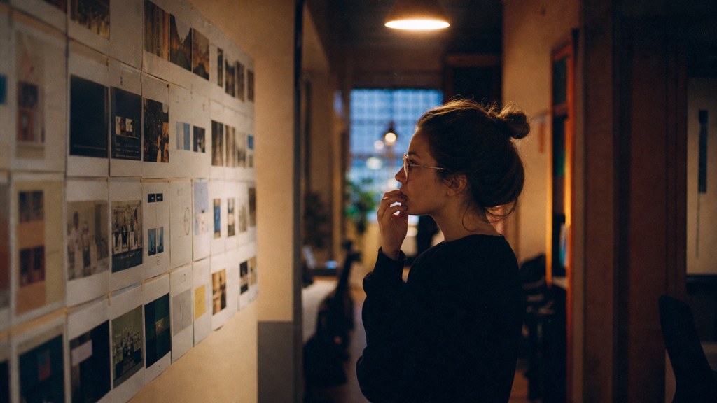 A media planner standing at a wall of printed layouts in a narrow agency corridor, photographed in Wichita