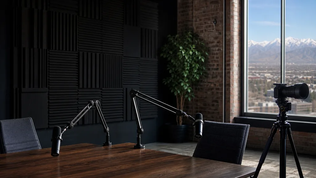 Editorial photograph of an empty podcast studio in a Salt Lake City loft with two microphones on boom arms, a camera on a tripod and dark acoustic panels, lit by clear high-desert daylight through a tall window with mountains beyond