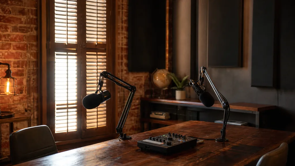 Editorial photograph of an empty podcast studio in a converted San Antonio brick building with two microphones on boom arms, a small mixer on a wooden table and dark acoustic panels, lit by warm south Texas afternoon light through shutters