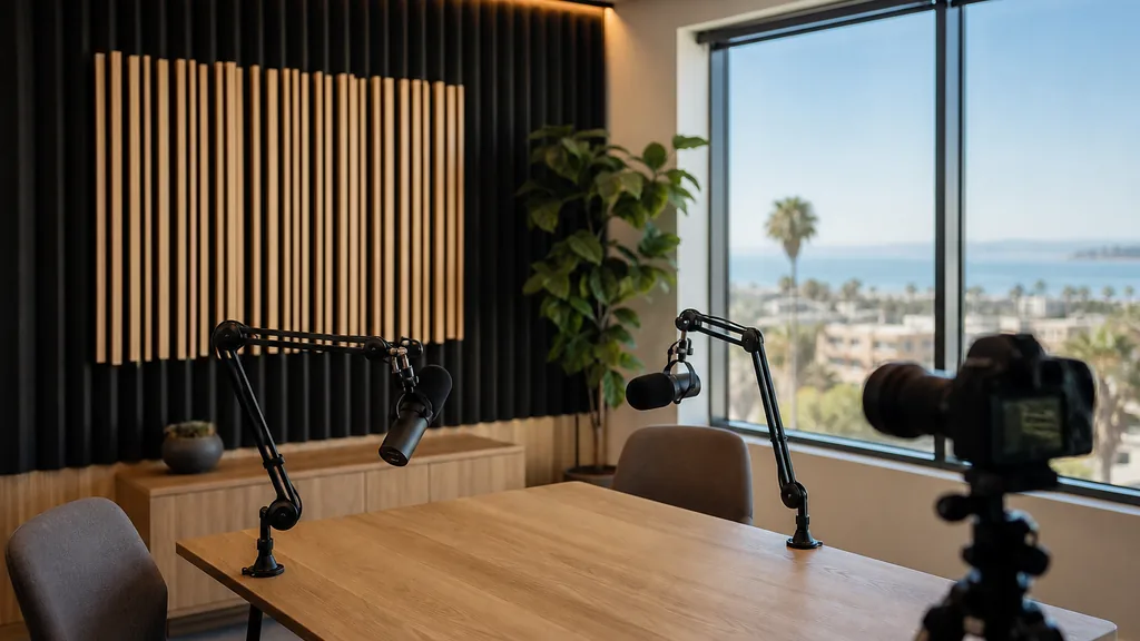 Editorial photograph of an empty podcast studio in a bright San Diego creative office with two microphones on boom arms, a camera on a tripod, slatted wood panelling and dark acoustic panels, lit by soft coastal Southern California daylight through a wide window