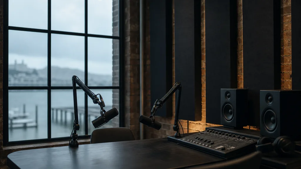 Editorial photograph of an empty podcast and sound studio in a San Francisco brick and steel building with two microphones on boom arms, a mixing desk and studio monitors, lit by cool foggy bay light through a tall industrial window