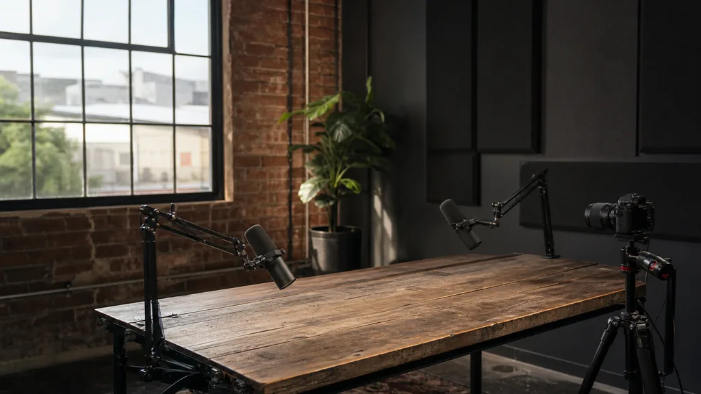 Editorial photograph of an empty podcast studio in a Sydney warehouse conversion with two microphones on boom arms, a camera on a tripod and dark acoustic panels, lit by bright clear Australian morning light through a large steel-framed window