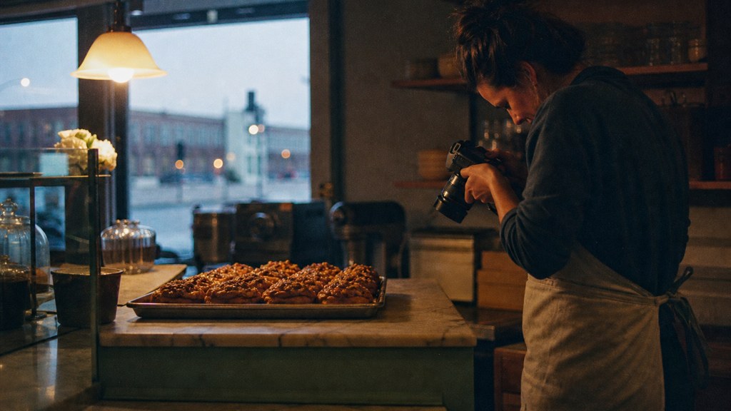 A bakery owner photographing a tray of pastries on a marble counter at dawn, photographed in Wichita