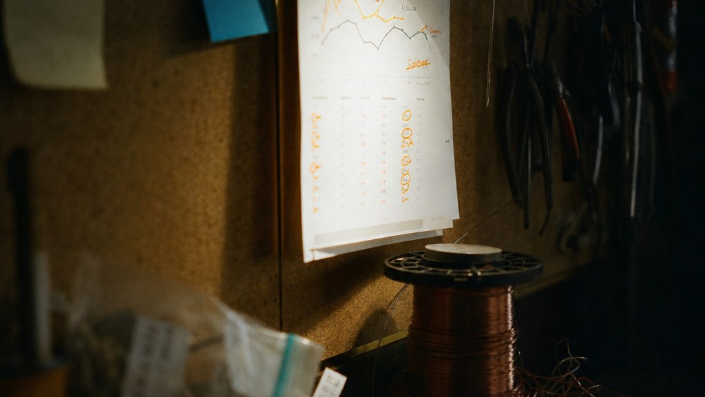 Printed page of search ranking figures pinned above a workbench of wire spools and marked in orange pen