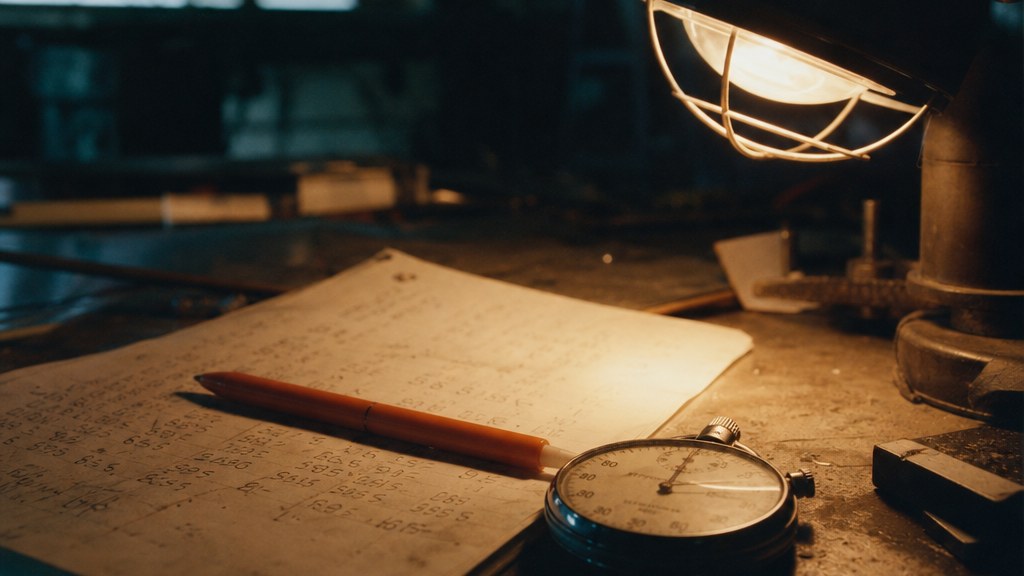 Mechanical stopwatch and a handwritten page of load-time figures on a dusty workbench under a clamp lamp