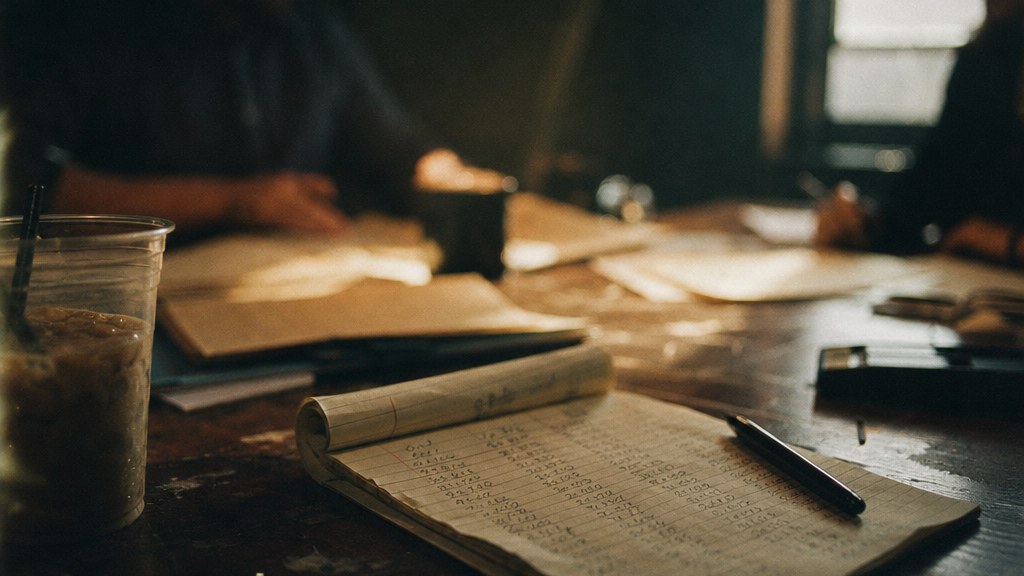Legal pad of hand-written intake numbers on a scratched conference table beside a cold coffee
