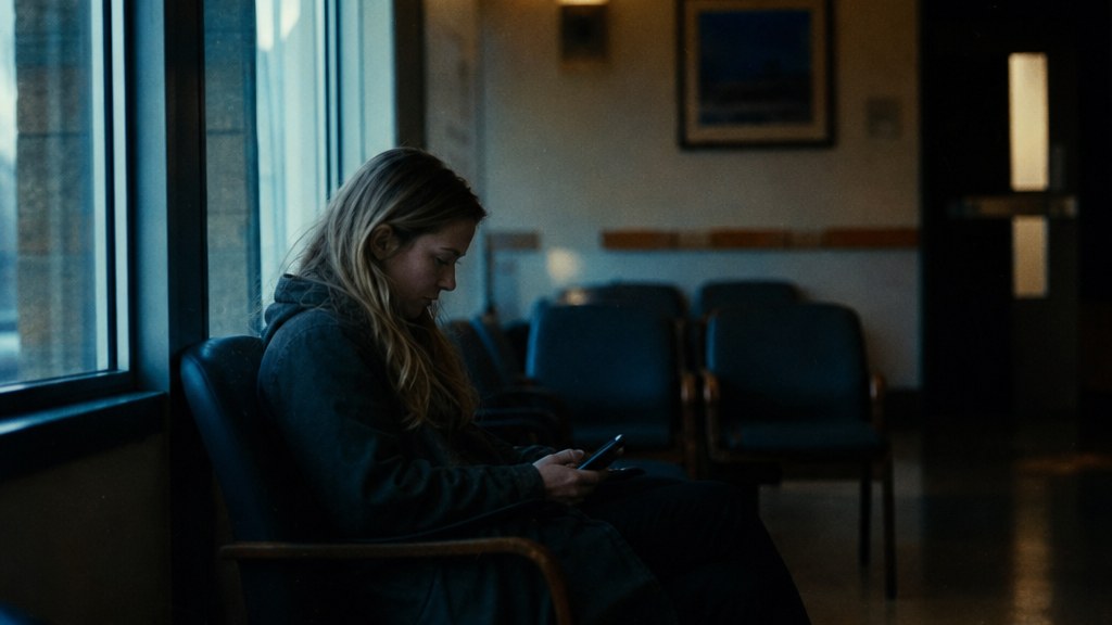 Woman sitting alone in an early-morning clinic waiting room holding a phone in both hands