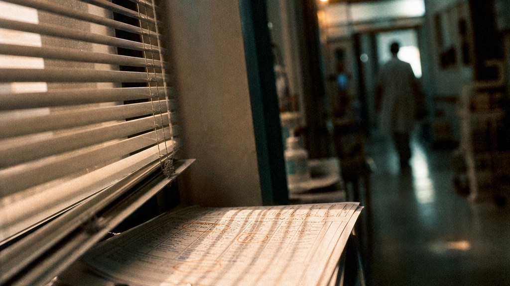 Printed enquiry log on a clipboard on a clinic corridor windowsill with figures circled in orange pen