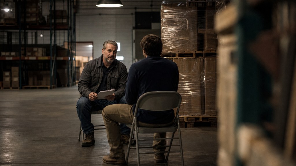 A warehouse supervisor interviewing a candidate on folding chairs beside stacked pallets, photographed in Wichita